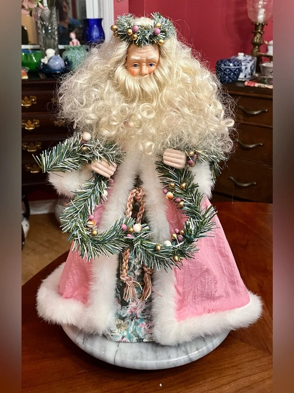 VTG 1991 Brinn's Christmas Romance Pink Porcelain Santa Tree Topper 16
